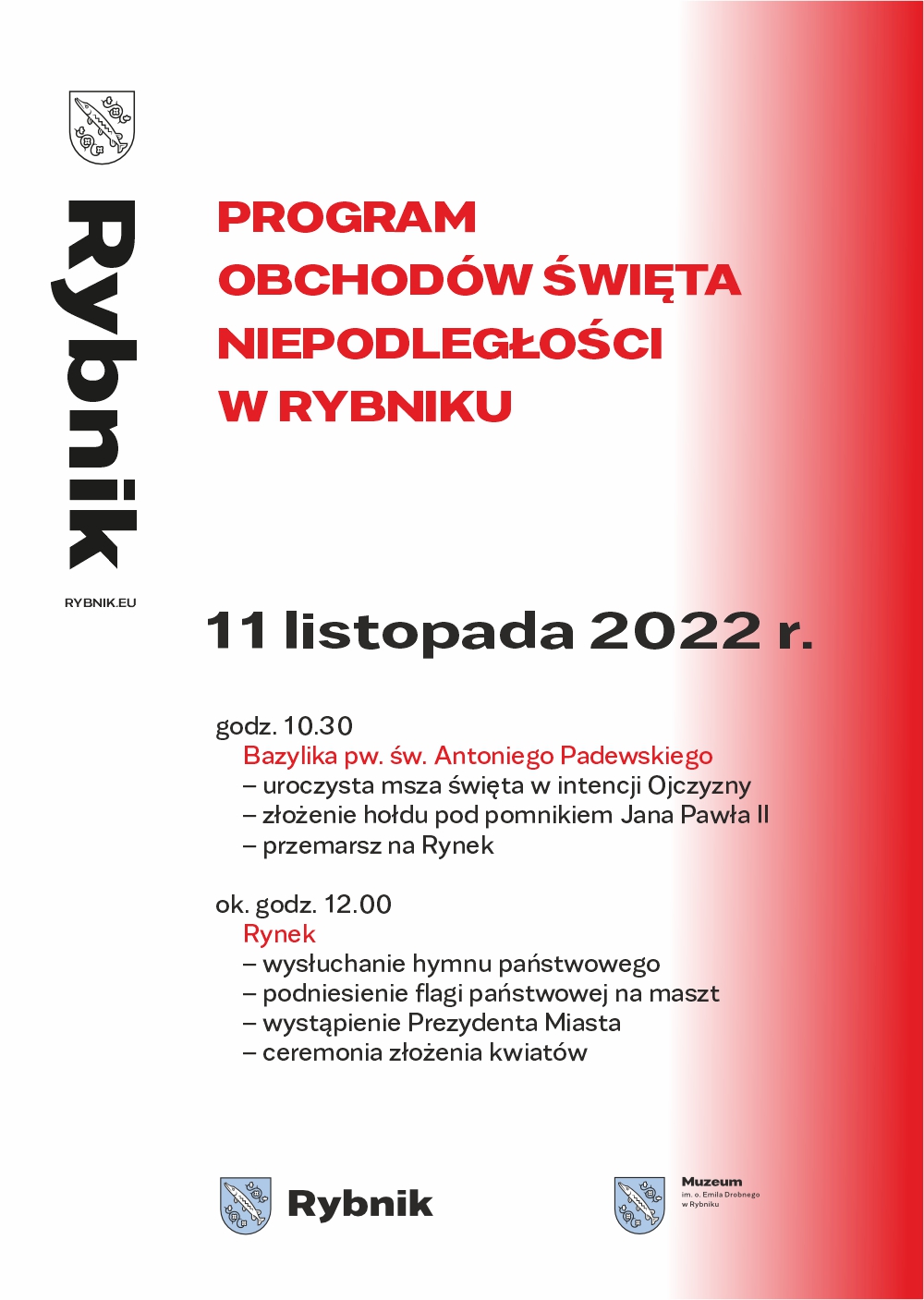 Afisz biało-czerwony z programem obchodów Święta Niepodległości w Rybniku